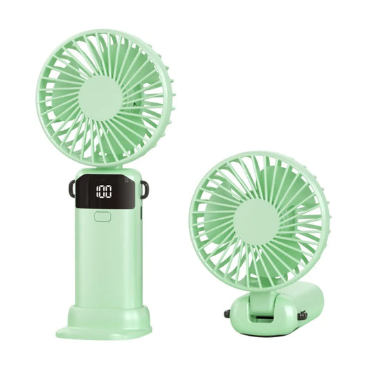 Portable LED Display Mini Fan - 5 Speed USB Rechargeable with Phone Stand & Adjustable Angle