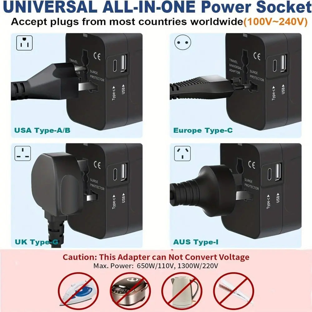 All-in-One Universal Travel Adapter with USB & Type-C Charger - Compatible in USA, EU, UK, AUS